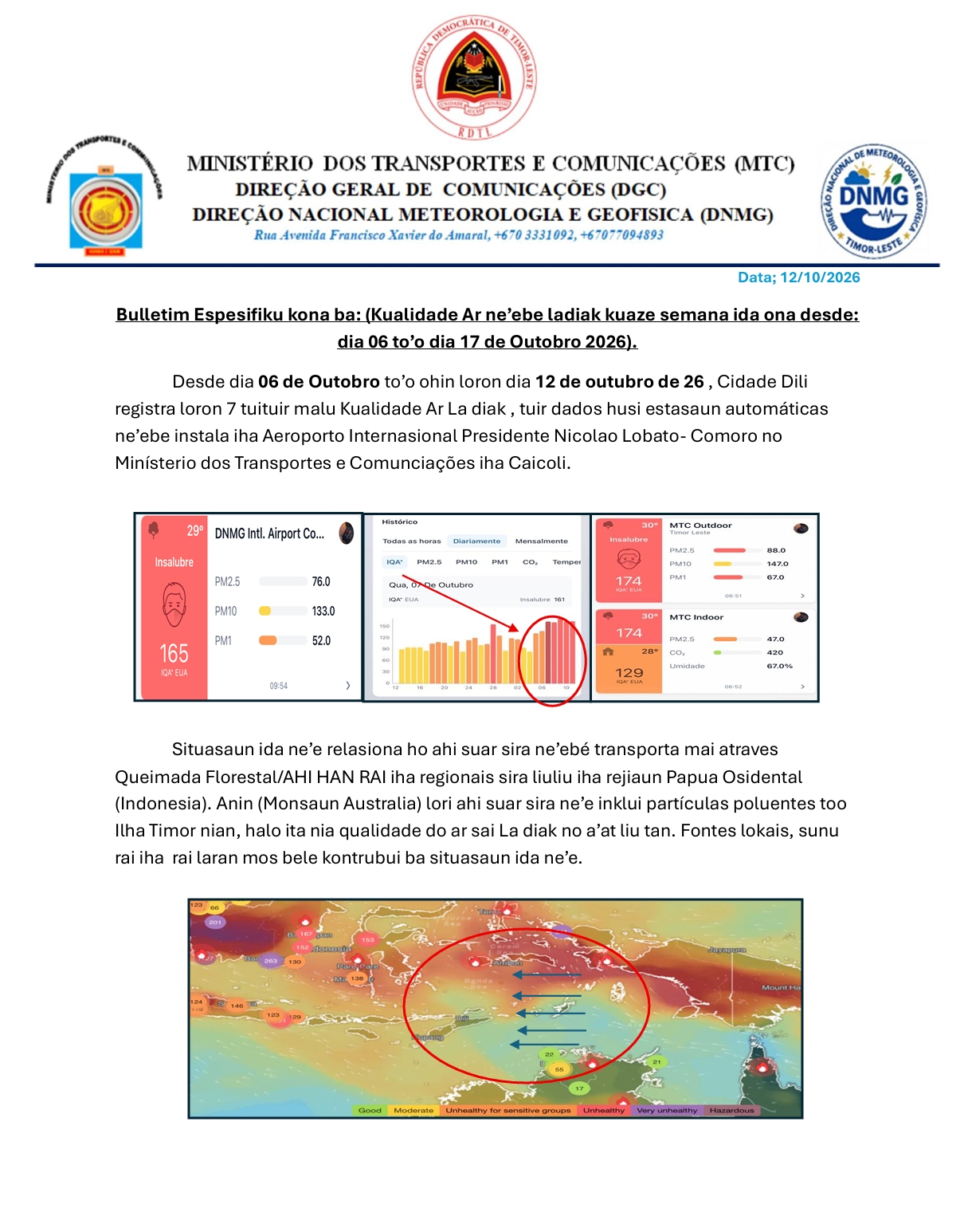 DNMG – Air Quality Alert: Unhealthy to Very Unhealthy conditions have persisted throughout the entire territory of Timor-Leste for almost a week and are expected to continue until 17 October 2026
